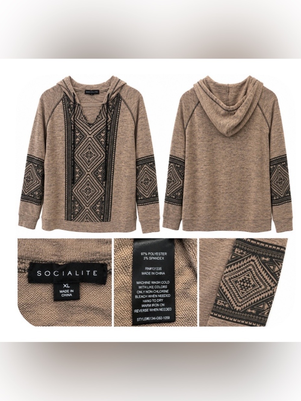 Socialite Women’s XL Hooded Pullover Sweater Tan Black Aztec Tribal Print